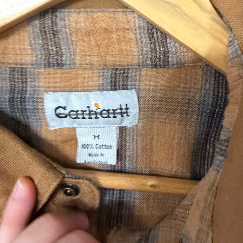 Carhartt Mens Flannel Lined Canvas Shirt Jacket Brown Medium Snap Front Workwear - Picture 3 of 4